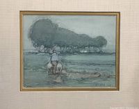 Close-up view of watercolor showing shepherd figure and sheep in grassy landscape