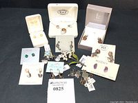 Wide shot of the 13 jewelry pieces, including earrings and brooches, displayed on a flat surface with branded packaging and tags visible.