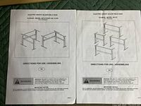 Instruction manuals and assembly directions for Conset electric height adjustable desks models 501-27 and 501-29, showing frame illustrations and warnings.