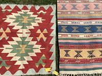 Square 4x4 foot kilim rug with geometric pattern and bold red background, photographed on grass.
