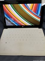 Front view of Microsoft Surface tablet turned on displaying colorful screen with attached white keyboard.