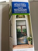 Front of Genius Sierra 100 retractable screen door box showing easy-to-install features and sample door installation image