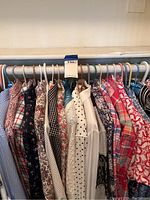 Photo showing assorted ladies shirts and blouses hanging on a rack, featuring patterns like plaids, florals, polka dots, and solids in various colors.