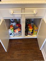 Photo of under the sink with various cleaning liquids, sprays, and sponges.