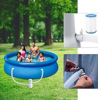Image showing a blue inflatable above ground pool in a grassy area with family inside, and inset images showing the cartridge filter and hose attachment points for reference.