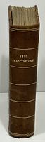 Spine of the leather-bound book titled 'The Pantheon' showing strong wear and age.