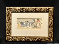 Overall framed watercolour painting showing Victorian social scene with several figures, some holding parasols, in gold ornate frame.