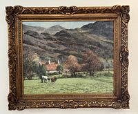 Full view of the framed oil on board painting showing overall composition and frame condition
