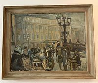 Oil painting framed, showing scene of fisherman's wives at old Copenhagen fish market with urban backdrop.