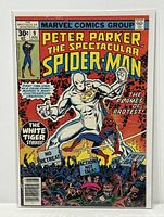 Front cover of Peter Parker The Spectacular Spider-Man #9 comic book showing White Tiger and Spider-Man with protest scene background.