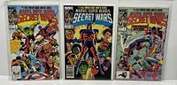 Front view of three Marvel Super Heroes Secret Wars comic books issues 1-3 in protective clear sleeves.