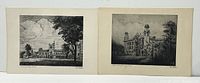 Two unframed black and white etchings depicting University of Toronto buildings side by side on a surface.
