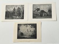Three unframed etchings grouped on white background showing architectural views and signature detail.