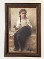 Full view of framed oil painting showing girl seated on stone steps, ornate carved wood frame.