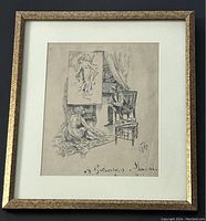 Framed vintage etching with a gilt wooden frame and white mat showing the entire artwork titled 'A Grecian Model'.