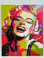 Full view of the oil on canvas portrait painting showing the colorful pop art depiction of Marilyn Monroe with abstract block colors.
