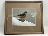 Overall view of framed watercolor with beige mat and wooden frame