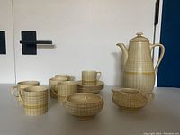Full view of the vintage English coffee set showing coffee pot, six cups with saucers, creamer, and sugar bowl arranged on table.