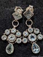 Front view of pair of sterling silver earrings with blue topaz stones in square, round, and teardrop shapes.