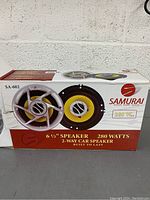 Box for Samurai SA-602 6.5 inch 2-way car speakers, showing brand, model and power rating of 280 watts.