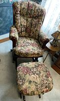 Full view of glider rocker and matching stool together
