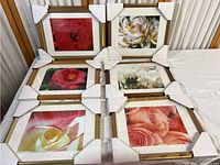 Six framed flower prints arranged on a flat surface, showing protective corners on frames and flower details.