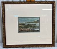 Full view of the framed colored print of San Francisco harbor and Golden Gate area from 1867 illustration.