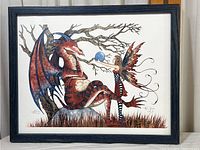 Full view of the framed print showing the dragon and fairy with a bare tree branch and blue orb detail.