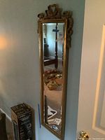 Full view of the tall, narrow rectangular mirror mounted on a wall, showing gold tone frame and beveled edge glass.