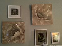 Five pieces of wall art arranged on a wall. Two larger square canvases with beige textured floral designs and three smaller botanical prints in frames.