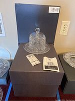 Dessert dome and plate set displayed on black box with tags and instruction booklet