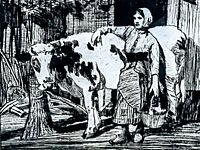Close-up of the etching showing the milkmaid with cow and rustic barn details.