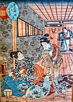 Close-up showing the detailed artwork and colors of the Japanese woodblock print, signed by artist Utagawa Kunisada.