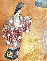Full view of the woodblock print depicting a traditionally dressed woman in colorful kimono with floral patterns on a golden background.