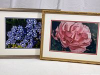 Both framed photographs displayed together, showing blue-purple flowers and a pink rose.