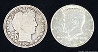 Front view of 1906 Barber Half Dollar and 1968 Kennedy Half Dollar showing obverse (heads) sides.