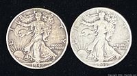 Obverse side of 1942 and 1943 Walking Liberty half dollars showing Liberty walking with sun in background and inscriptions 'LIBERTY' and 'IN GOD WE TRUST'. Dates 1942 and 1943 visible.
