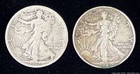 Obverse side of the 1917 and 1942-D Walking Liberty half dollars showing Lady Liberty design, sun and inscription details.