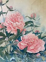 Close-up view highlighting the detailed pink rose flowers and buds on the print.