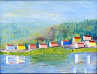 Full view of the oil painting showing colorful houses by the water with reflections and greenery in the background.