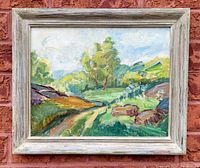 Oil painting of landscape with trees, path, and rocks in a vintage frame against brick wall background.