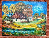 Front view of the oil painting showing a colorful rustic landscape with houses and trees under a blue sky, signed Hockl
