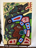 Full view of the acrylic on canvas painting featuring abstract stylized bear and foliage