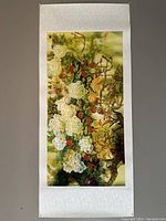 Full view of the mounted original Chinese watercolour floral painting on a hanging scroll.