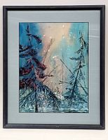 Framed watercolour painting with black and beige matting showing an abstract forest scene.