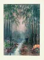 Framed overall view of the watercolour painting showing the bamboo forest and the flutist figure.