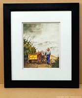 Framed watercolour painting showing full artwork with the man, donkey, and wagon in a rural setting