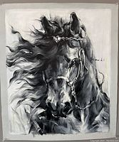 Full view of original oil painting on canvas by Simon Li showing a black and white portrait of a horse with flowing mane and decorative bridle.