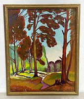 Framed original oil painting showing landscape with trees and path, full view to show art and frame condition.