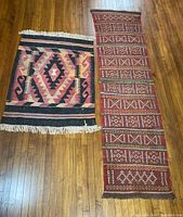 Both rugs shown side by side on wood floor, detailing the size and pattern differences
